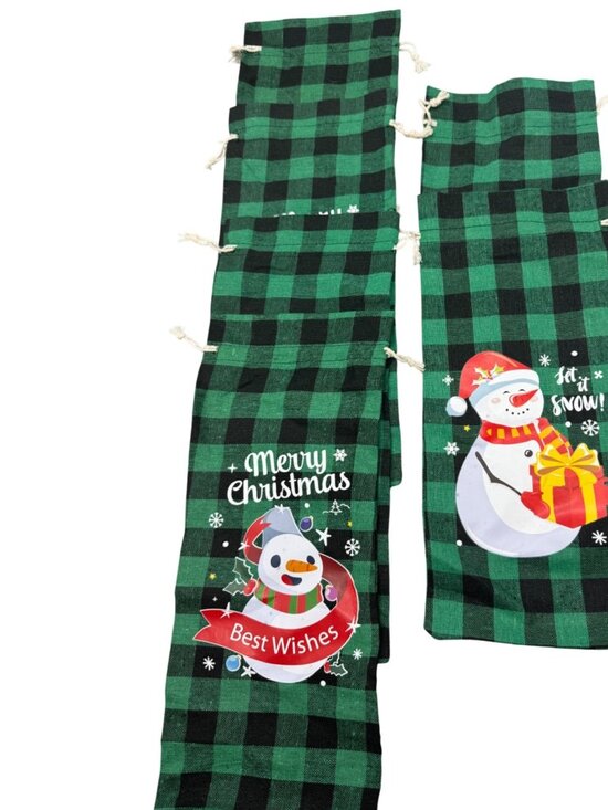 Set Of 6 Christmas Drawstring Wine Gift Bags Green Buffalo Plaid Snowman READ - Picture 1 of 7